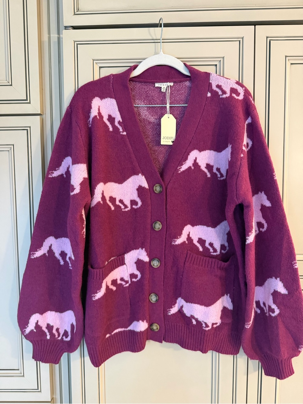 NWT Jodifl Pink Purple Horse Print Cardigan Sweater Country Western Rodeo Medium